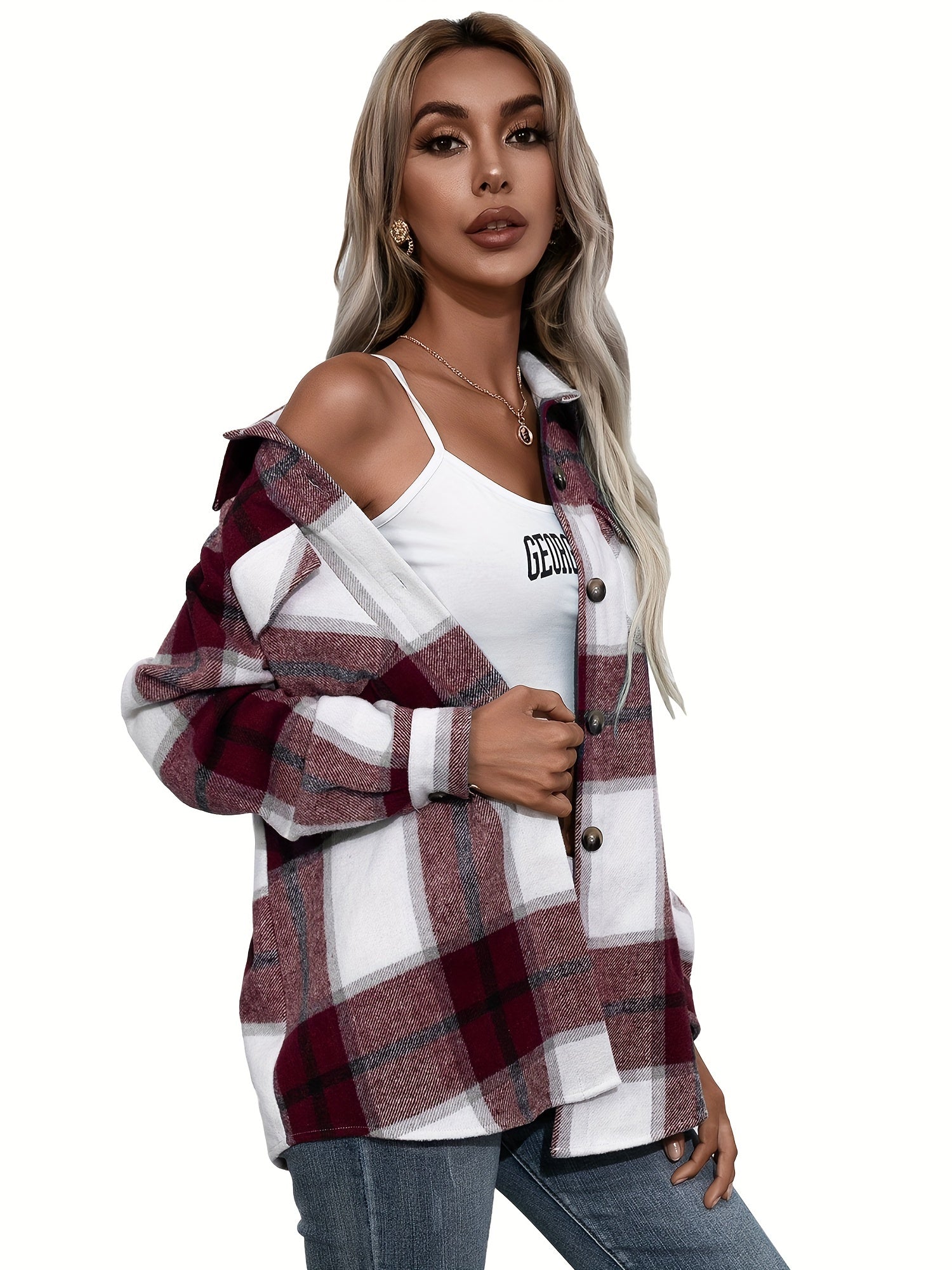 Plaid Print Lapel Neck Blouse, Casual Button Front Long Sleeve Flap Pockets Blouse For Spring & Fall, Women's Clothing MyFave Boutique