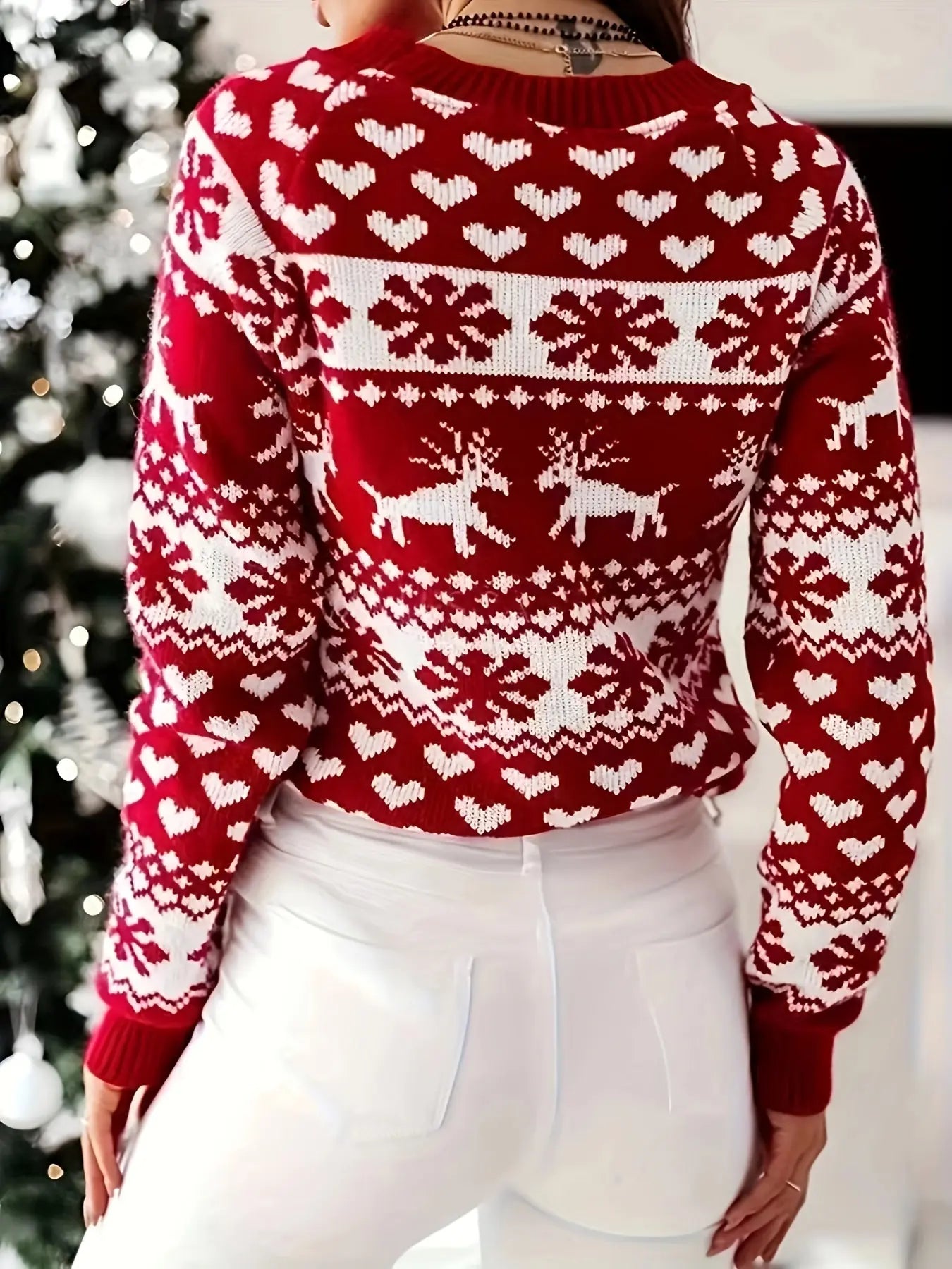 Elegant Red Reindeer & Snowflake Crew Neck Sweater - Cozy Thick Knit Pullover for Women, Perfect for Christmas MyFave Boutique