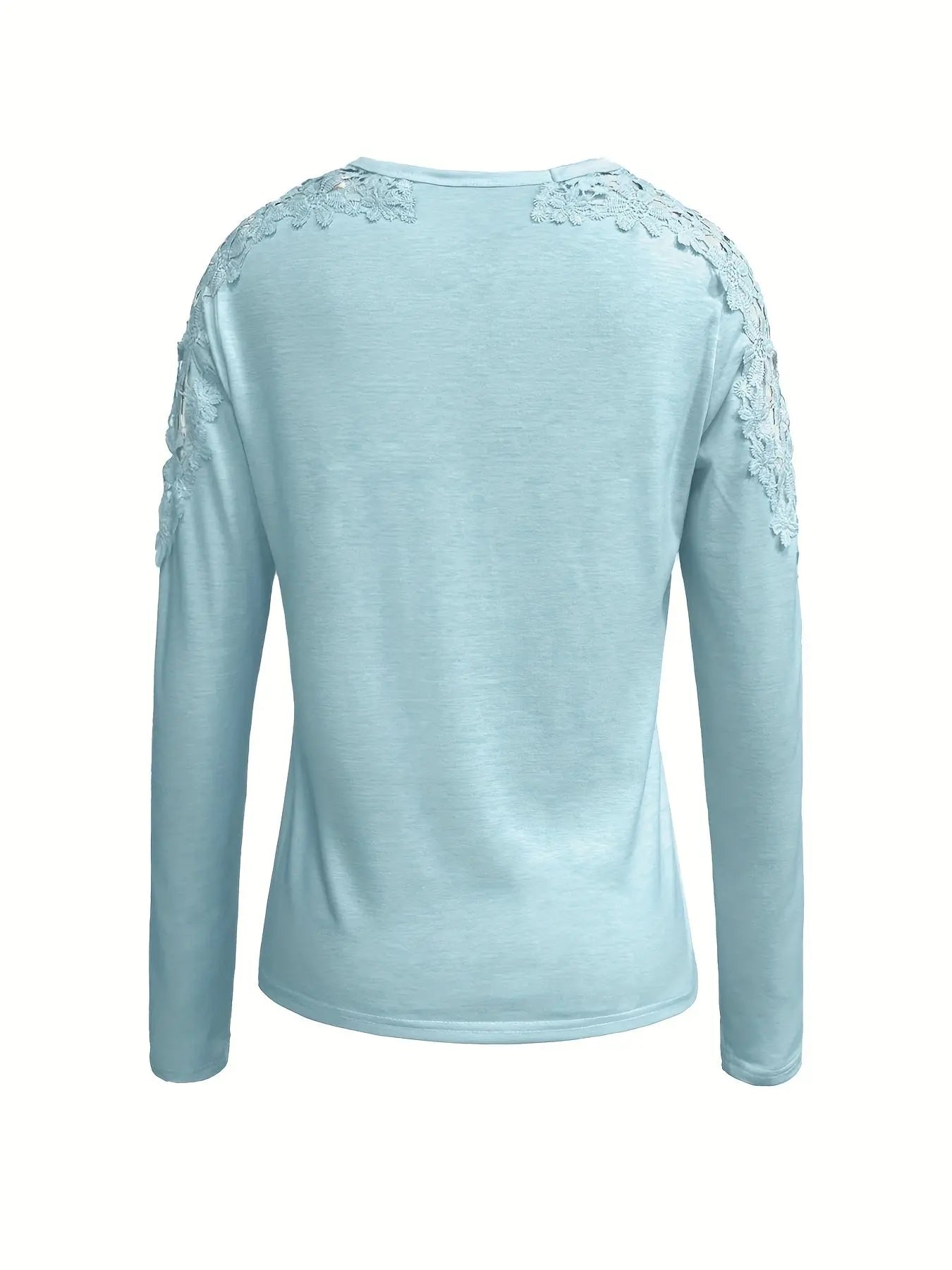 Women's Round Neck Solid Color Hollow Lace Stitching Long Sleeved T Shirt MyFave Boutique