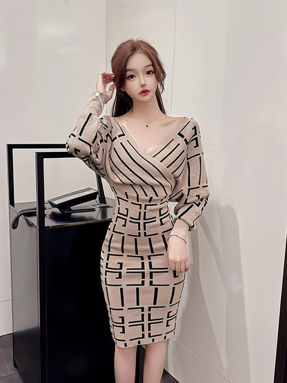 Greek Pattern Knit Pencil Dress, Elegant Long Batwing Sleeve Surplice Neck Slim Dress For Fall & Winter, Women's Clothing MyFave Boutique