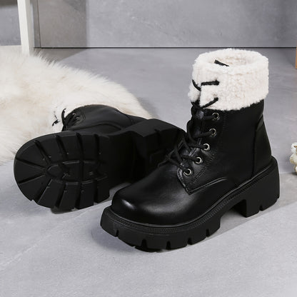 Women's Chunky Heel Combat Boots, Fashion Lace Up Plush Lined Boots, Comfortable Winter Boots MyFave Boutique