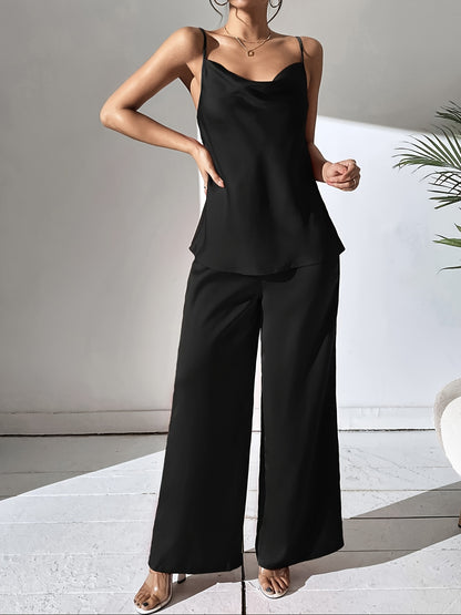 Elegant Solid Color Pantsuits, Cowl Neck Sleeveless Cami Top & High Waist Wide Leg Pants Outfits, Women's Clothing MyFave Boutique