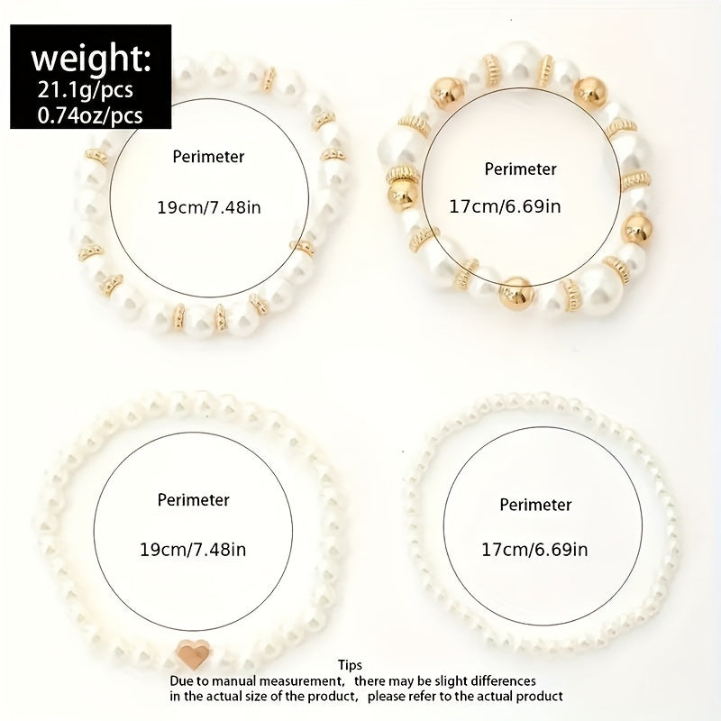 Elegant 4-Piece White Faux Pearl Beaded Bracelet Set - Handcrafted and Adjustable, in Bohemian & Vacation Style - Timeless Dainty Jewelry, Perfect for Any Occasion MyFave Boutique