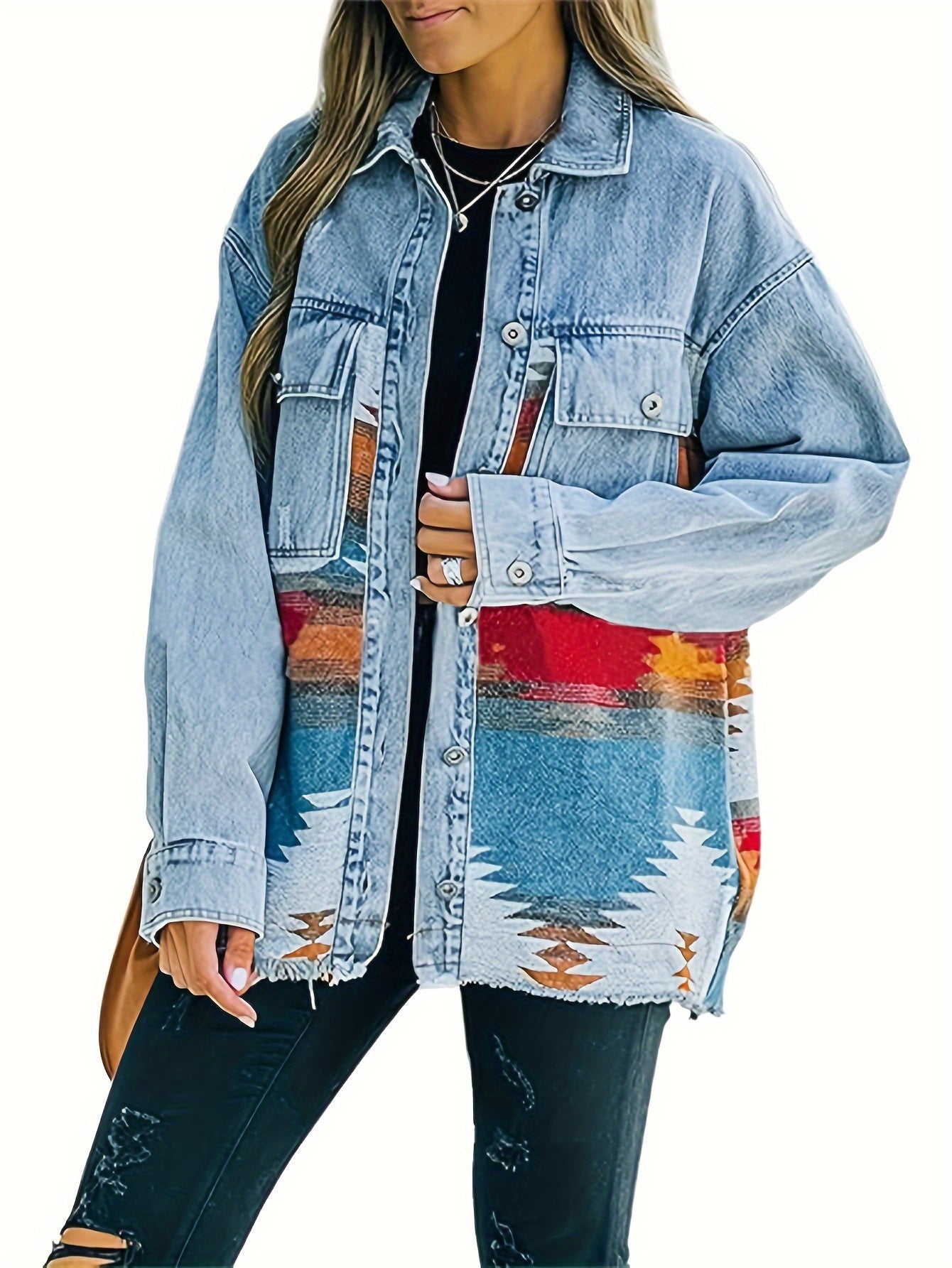 Women's Aztec Print Button Up Boho Retro Long Sleeve Loose Fit Washed Blue Denim Jacket MyFave Boutique