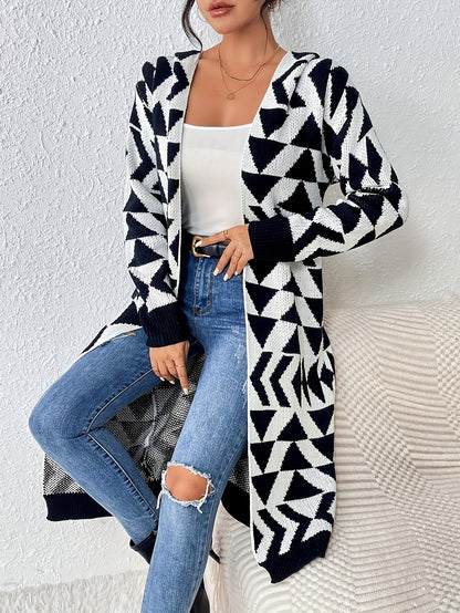 Color Block Long Sleeve Hooded Cardigan, Stylish Geo Pattern Open Front Cardigan For Fall & Winter, Women's Clothing MyFave Boutique