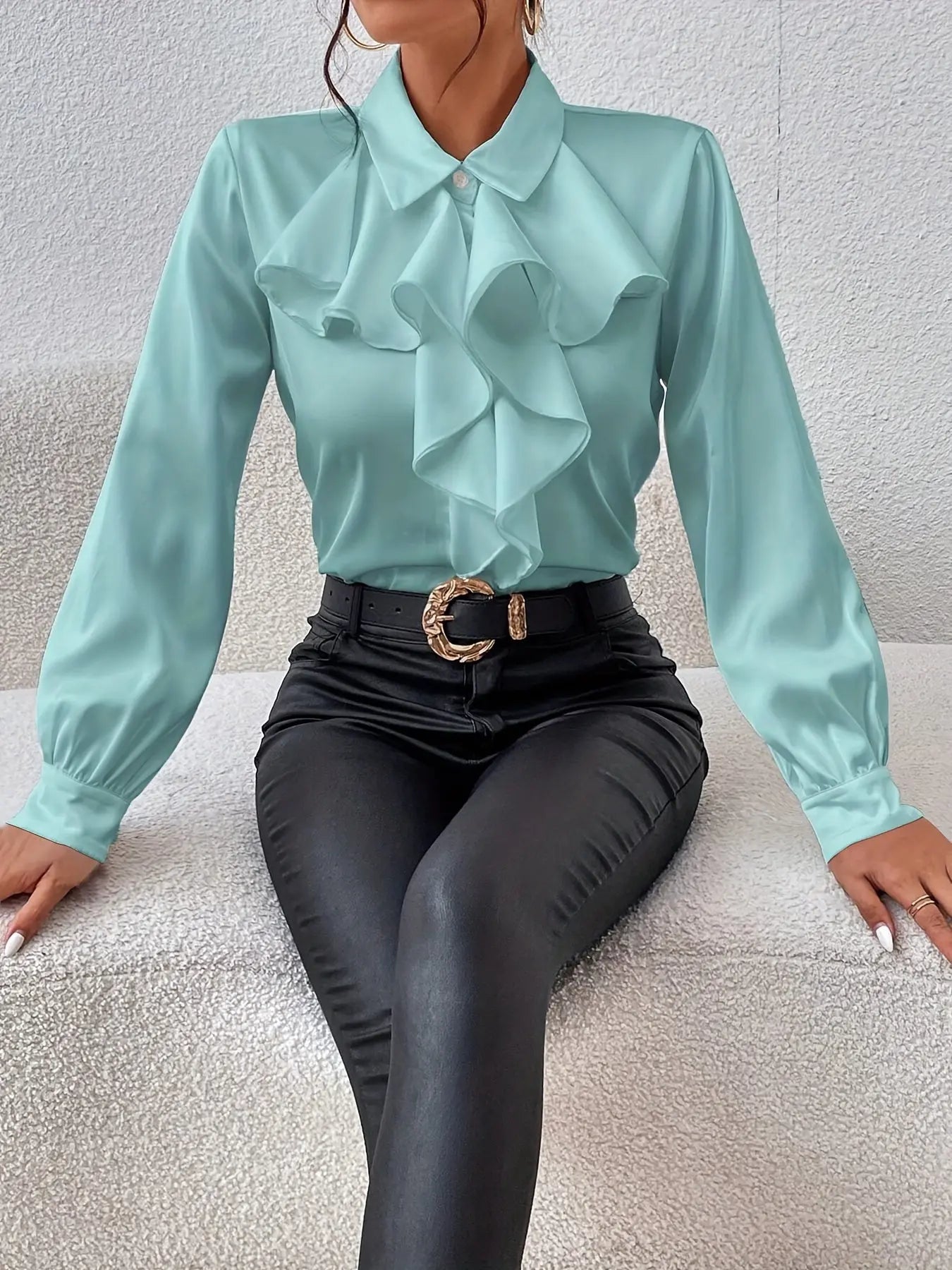 Solid Color Ruffle Trim Blouse, Elegant Long Sleeve Blouse For Spring & Fall, Women's Clothing MyFave Boutique