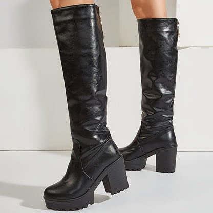 Stylish Women's Knee High Heeled Boots with Back Zipper - Solid Color Block Design for Fashionable Dressing MyFave Boutique