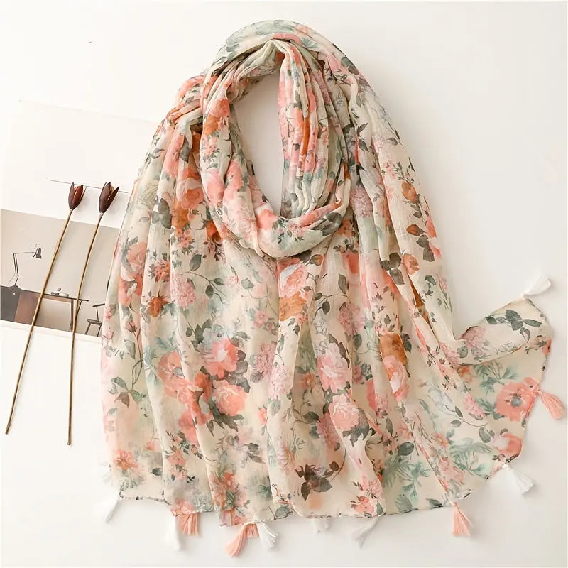 Beautiful Floral Print Scarves Women's Fashion Autumn/Winter Linen Pink Printed Fringe Scarf MyFave Boutique