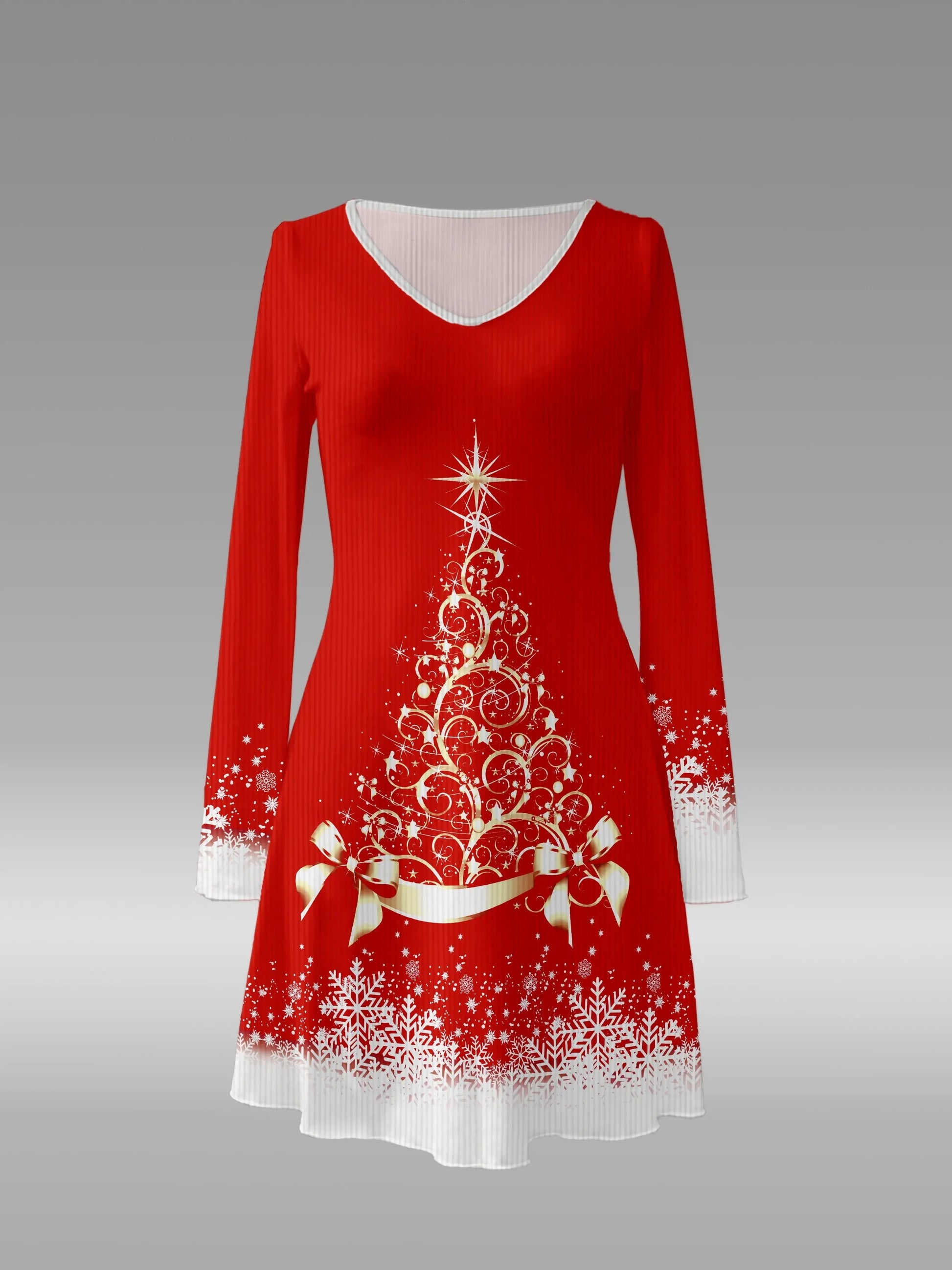 Elegant Polyester Fit and Flare Christmas Dress with V-Neck, Flutter Long Sleeves, and Asymmetrical Hem - Knit Fabric Adult Flared A-Line Dress with Striped Texture, Bowknot Christmas Tree Print MyFave Boutique