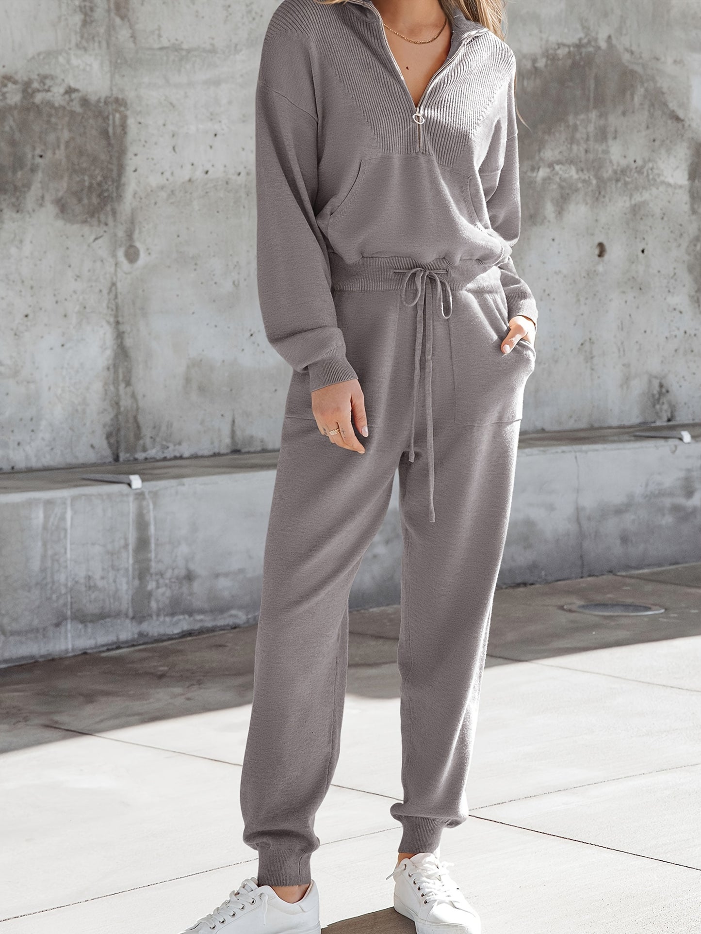 Elegant Solid Color Sporty Pantsuits, Half Zip Kangaroo Pocket Sweatshirt & Drawstring Jogger Pants Outfits, Women's Clothing MyFave Boutique