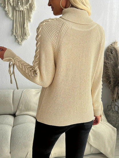 Turtle Neck Tie Long Sleeve Sweater, Elegant Raglan Sleeve Sweater For Fall & Winter, Women's Clothing MyFave Boutique