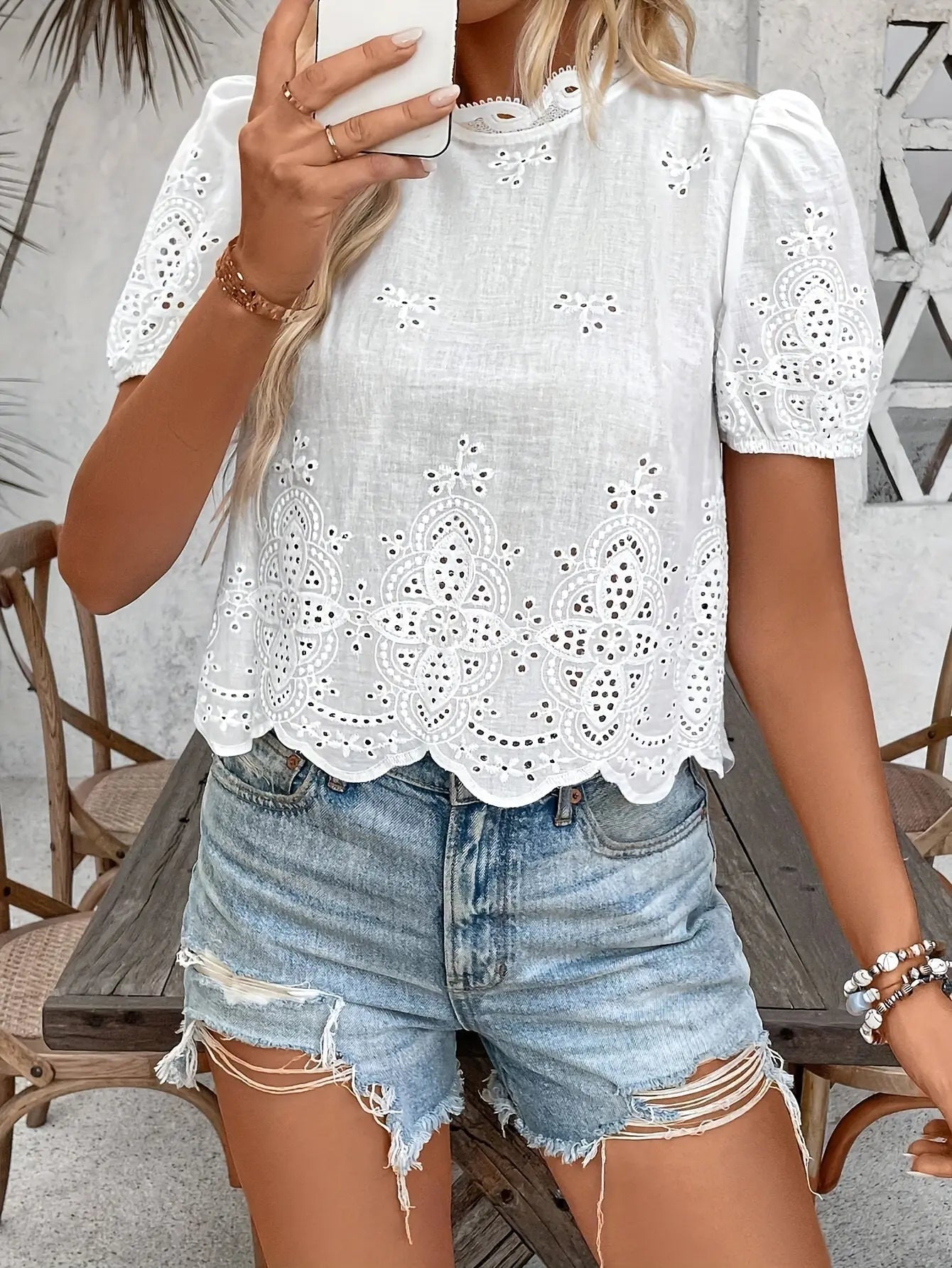 Eyelet Embroidered Scallop Trim Blouse, Elegant Short Sleeve Solid Blouse For Spring & Summer, Women's Clothing MyFave Boutique