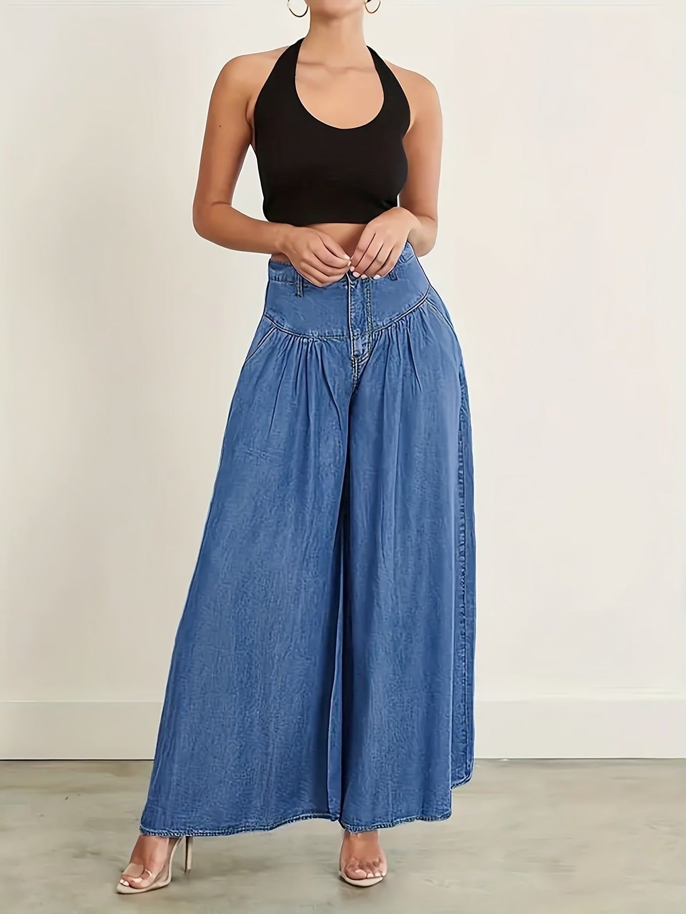 Plain Washed Blue Loose Fit Pleated Wide Leg Denim Pants, Women's Denim Jeans & Clothing MyFave Boutique