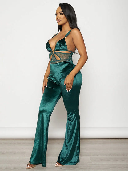 Glam Velvet Rhinestone Flare Jumpsuit - Luxe Night Out Outfit for Women MyFave Boutique