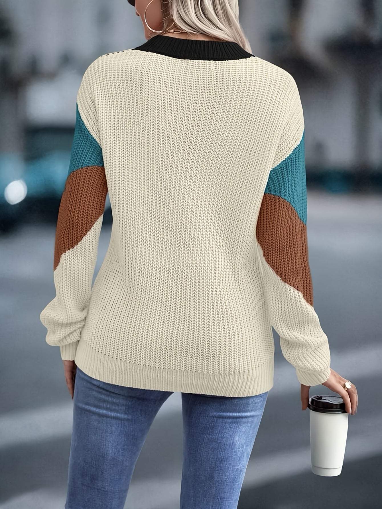 Women's Color Block Long Sleeve Crew Neck Sweater for Fall & Winter MyFave Boutique