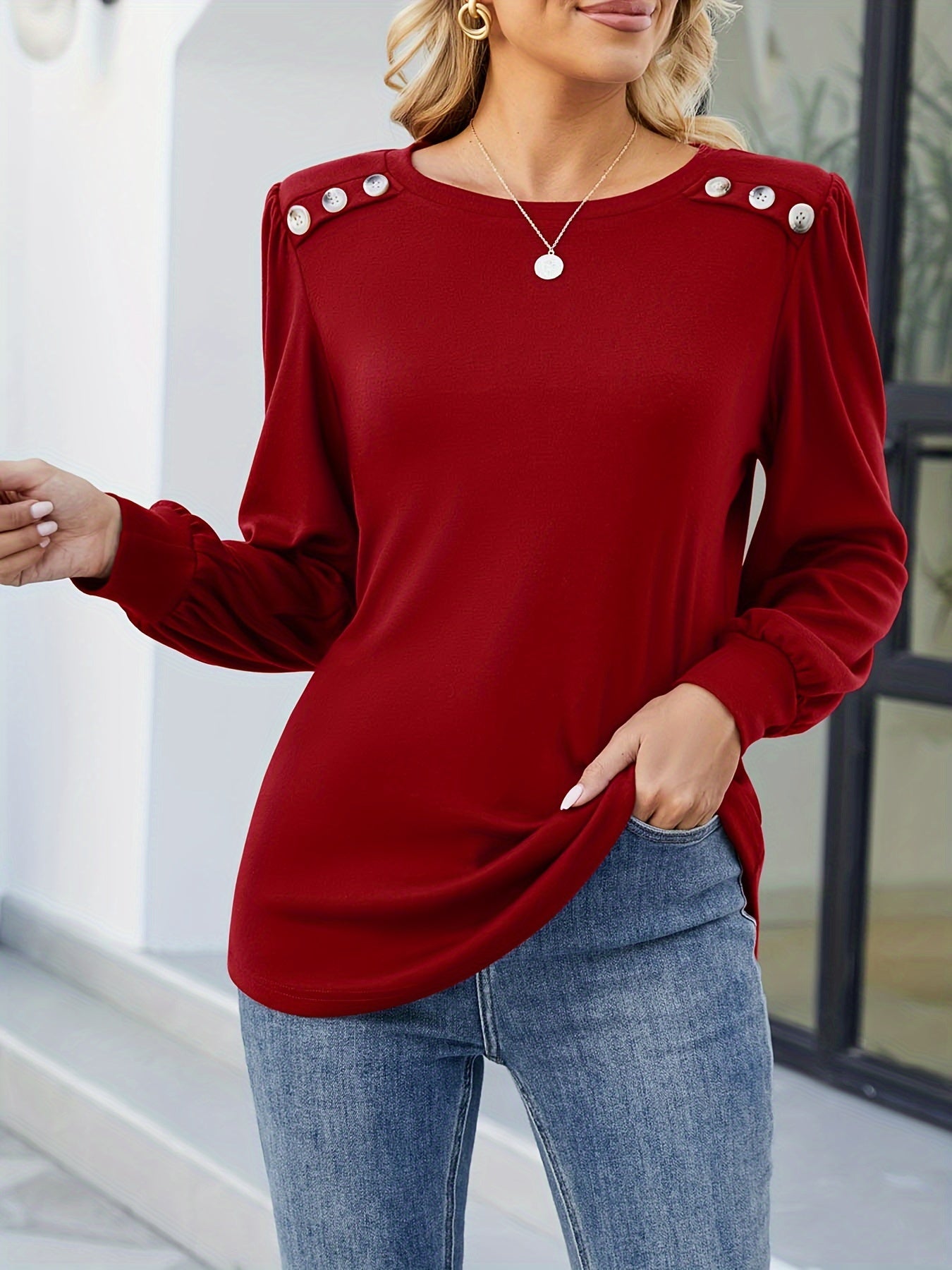 Button Decor Crew Neck T-shirt, Casual Long Sleeve Top For Spring & Fall, Women's Clothing MyFave Boutique