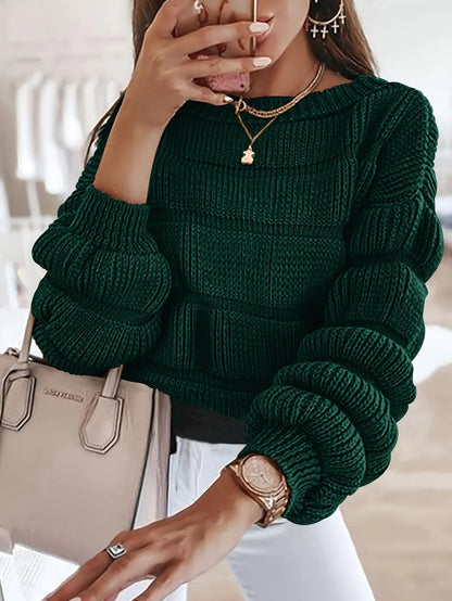 Women's 2024 Fall Sweaters Casual Crew Neck Pullover Long Puff Sleeve Loose Plain Chunky Knit Cute Blouse Tops MyFave Boutique