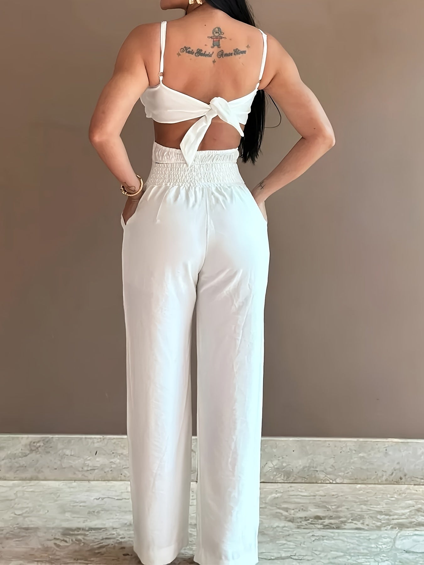 Solid Color Slant Pockets Jumpsuit, Elegant Knotted Back Sleeveless 3D Flower Craft Design Spaghetti Strap Jumpsuit For Spring & Summer, Women's Clothing MyFave Boutique