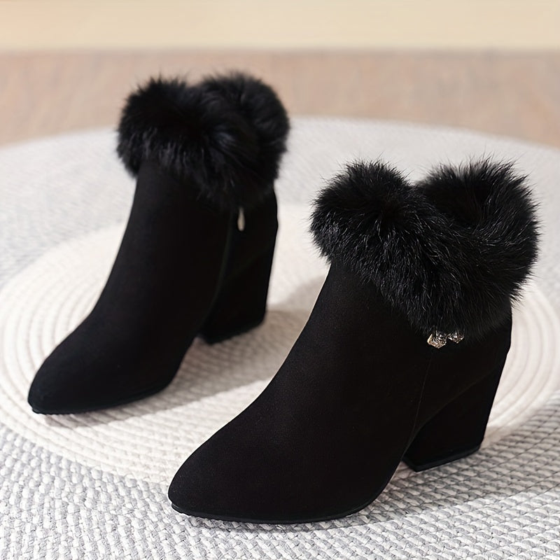 Women's Solid Color Lined Boots, Side Zipper Chunky Heel Fluffy Warm Boots, Winter Plush Comfy Shoes MyFave Boutique