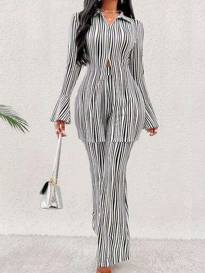 Elegant Striped Pattern Pants Set, Split Hem Long Sleeve Slim Blouse & Flare Leg Slim High Waist Pants, Women's Clothing MyFave Boutique