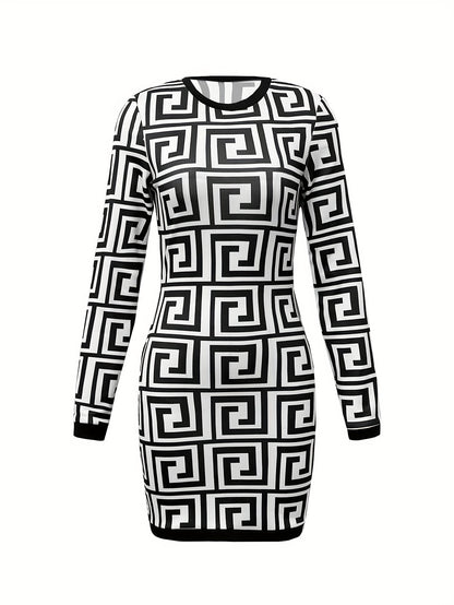 All Over Print Crew Neck Dress, Casual Long Sleeve Bodycon Dress, Women's Clothing MyFave Boutique