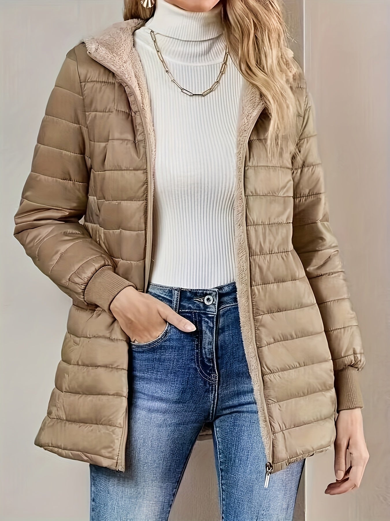 Solid Color Zipper Front Hooded Coat, Casual Long Sleeve Warm Outwear For Fall & Winter, Women's Clothing MyFave Boutique