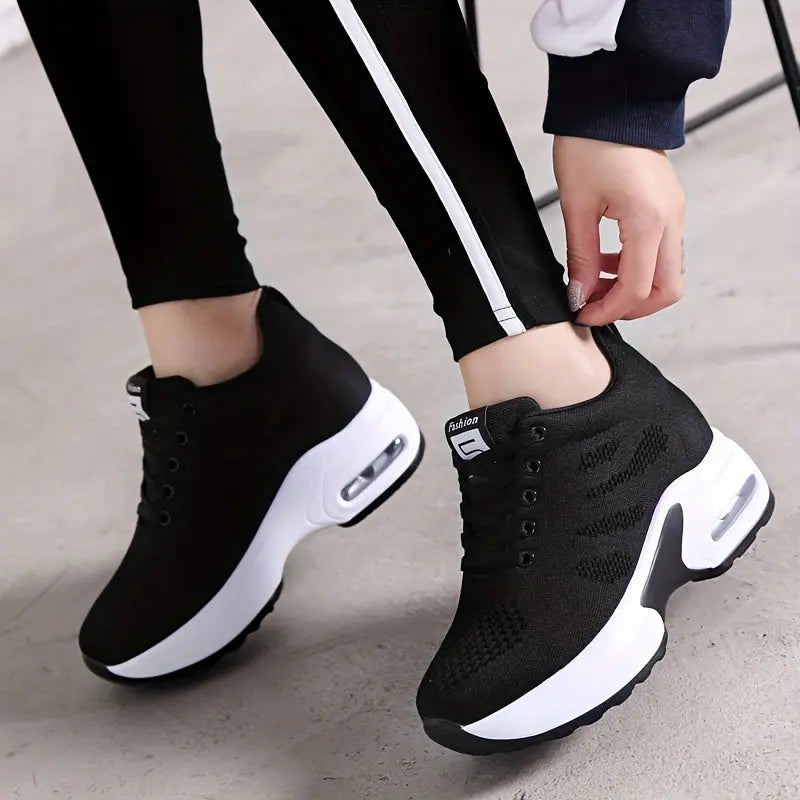 Women's Solid Color Knit Sneakers, Lace Up Heightening Casual Breathable Sporty Trainers, Versatile Low-top Comfy Shoes MyFave Boutique