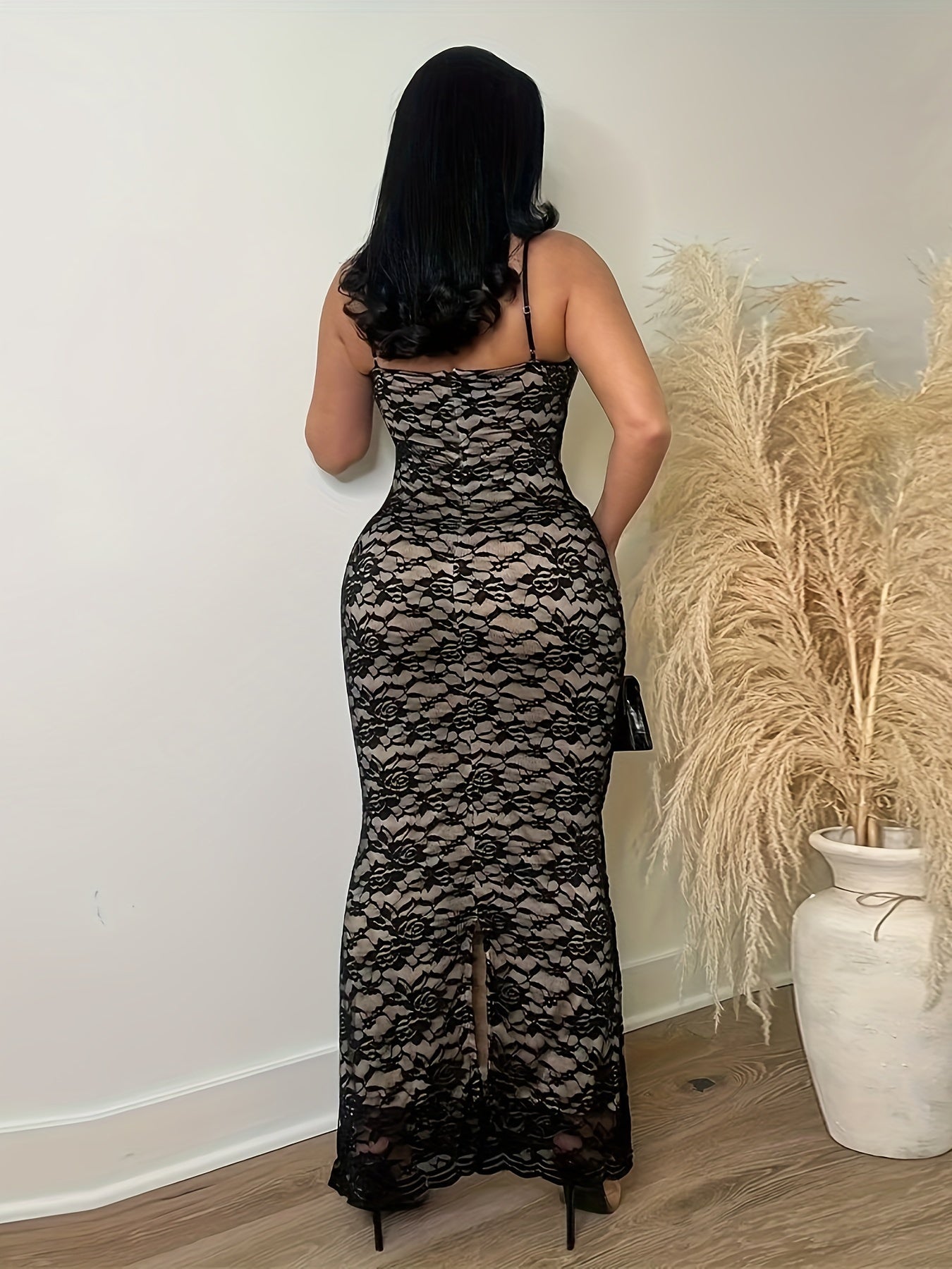 Lace Spaghetti Strap Dress, Sexy Sleeveless Bodycon Maxi Dress For Nightclub, Women's Clothing MyFave Boutique