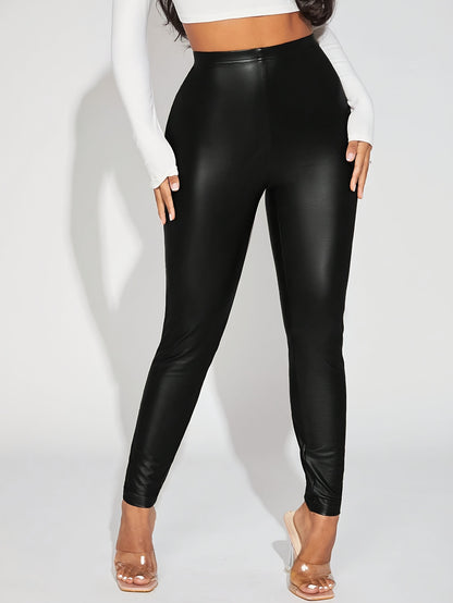 Slim Faux Leather Leggings Pants, Casual PU High Waist Solid Fashion Comfy Pants, Women's Clothing MyFave Boutique