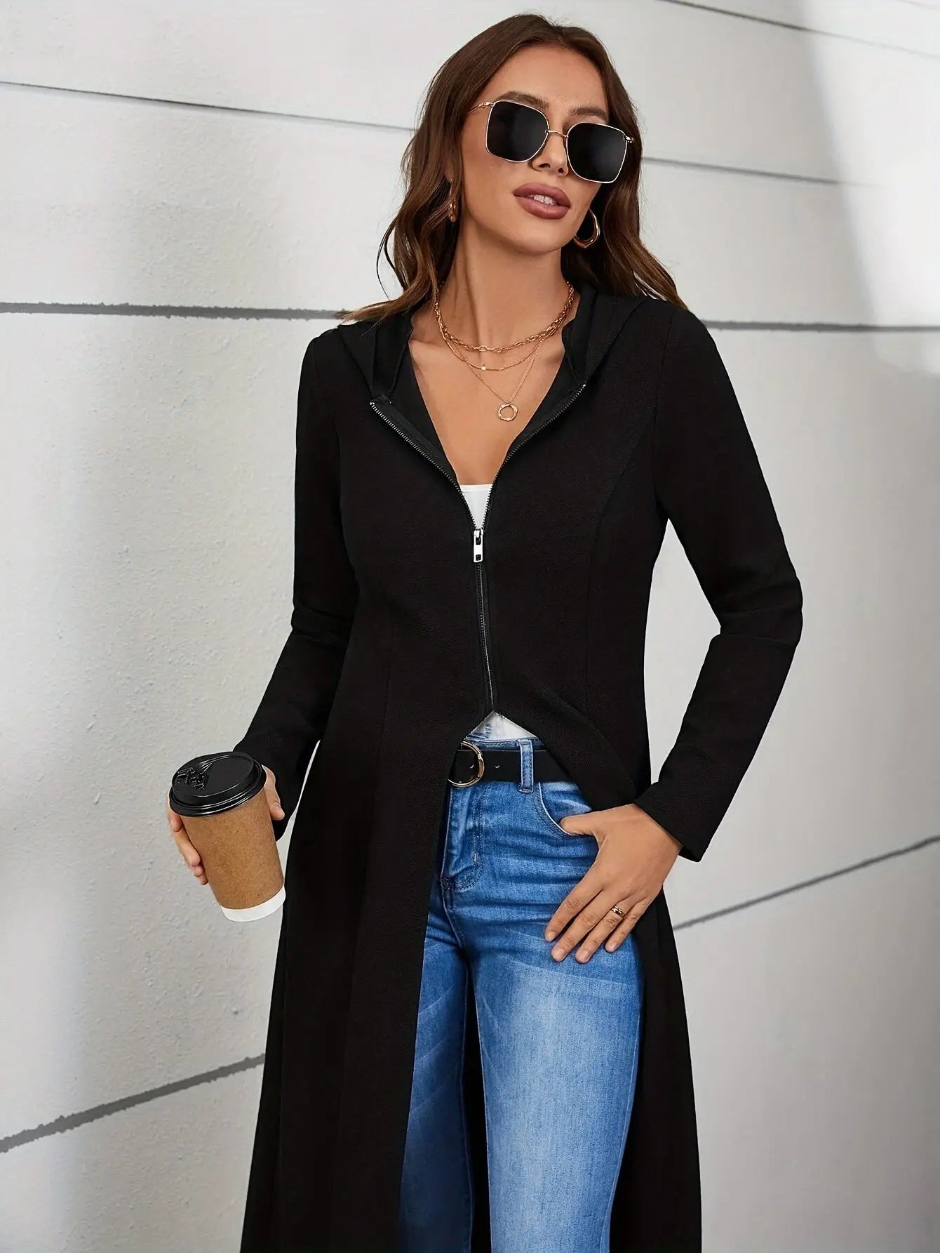 Women'S Elegant Long Coat with Hood and Zipper, Solid Color Polyester Knit Sweater Cardigan, Fashion Outerwear for All Seasons MyFave Boutique