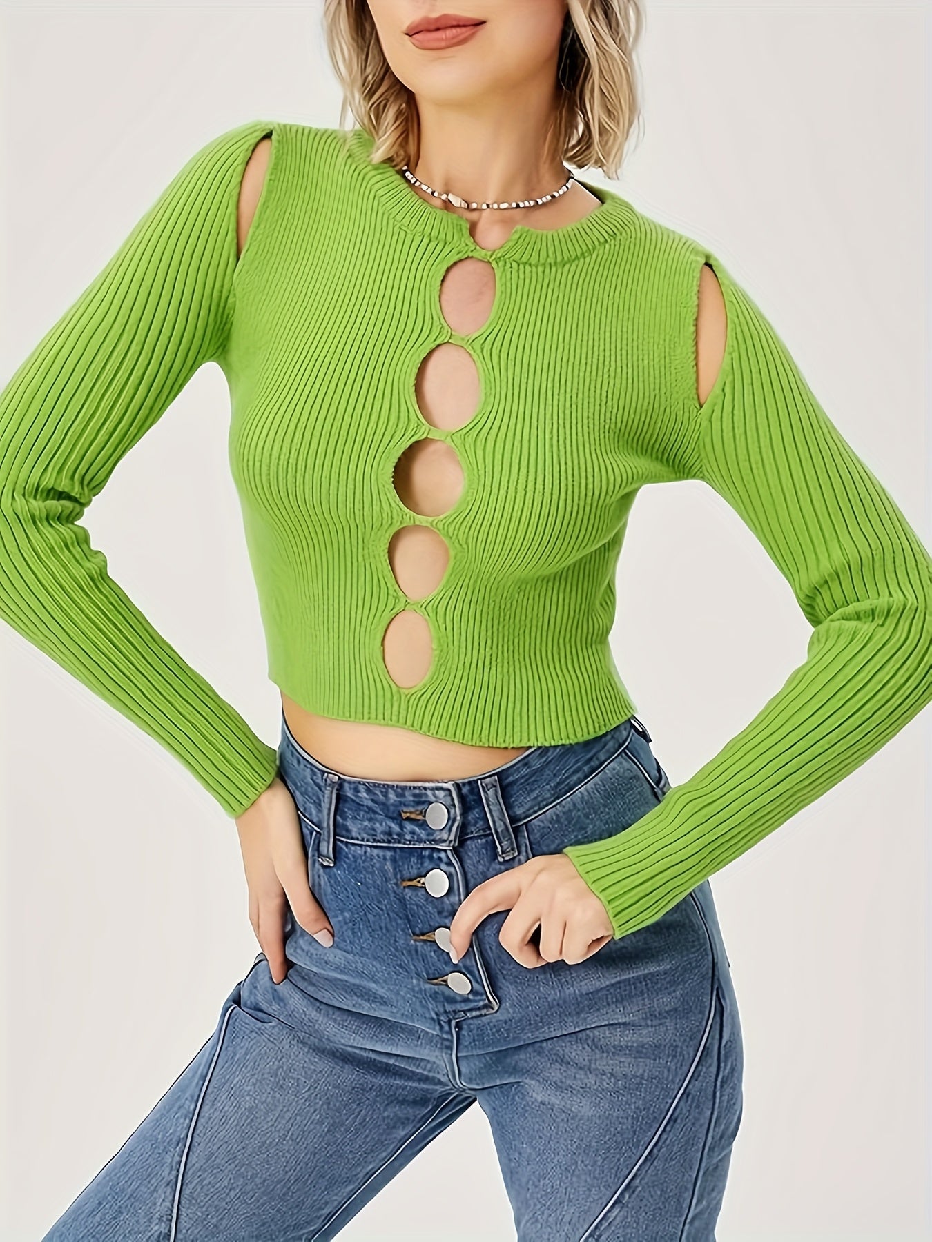 Solid Color Crew Neck Pullover Sweater, Sexy Long Sleeve Hollow Out Knitted Sweater For Fall & Winter, Women's Clothing MyFave Boutique