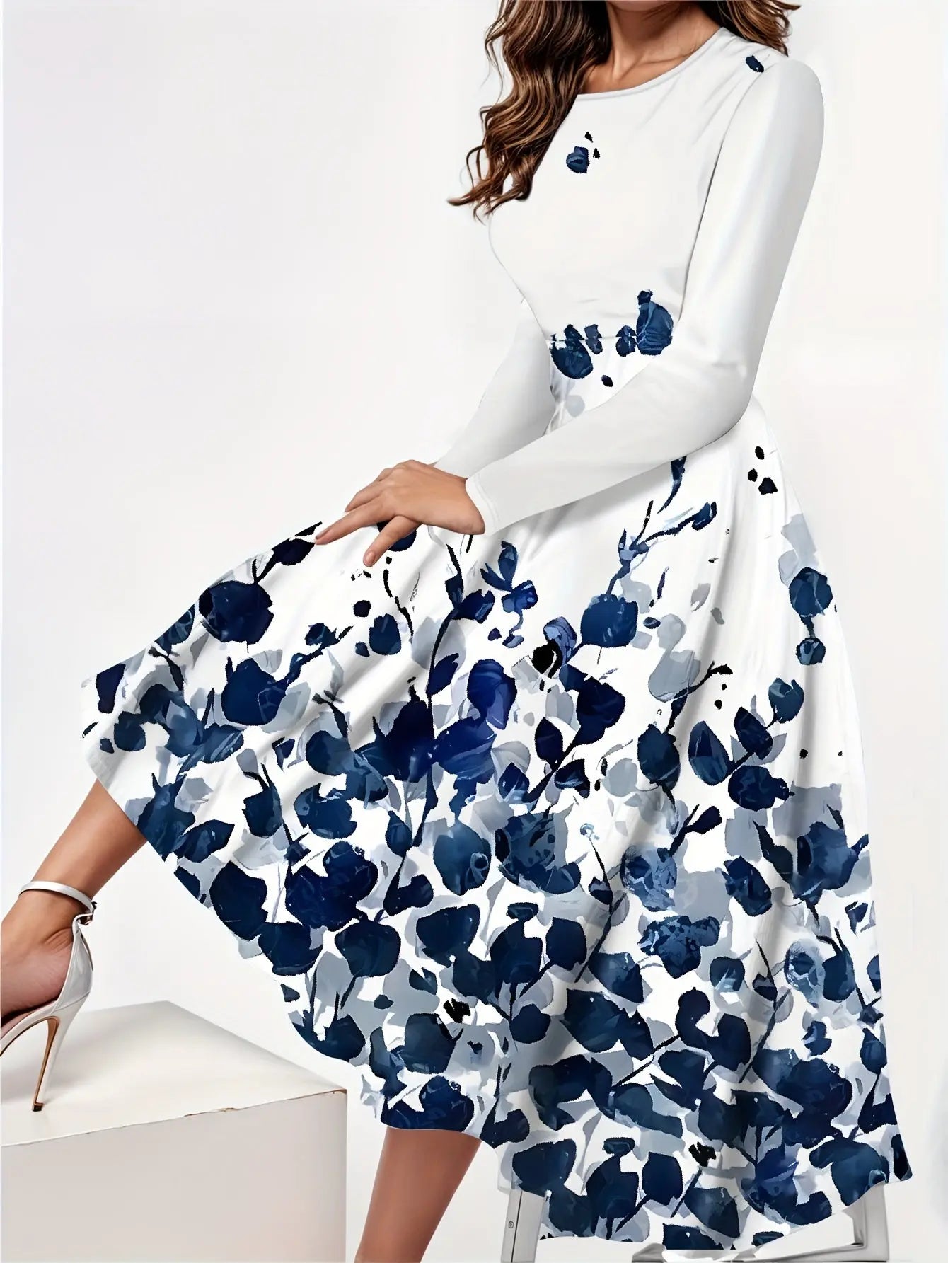 Elegant Floral Print Long Sleeve Midi Dress for Spring & Fall - Women's Clothing MyFave Boutique