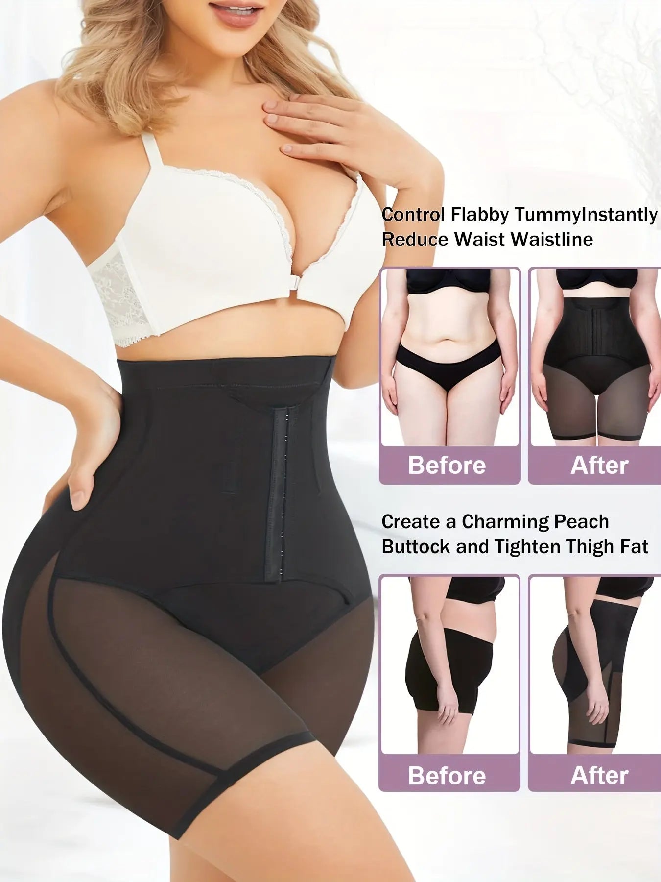 Mesh Stitching Shaping Shorts, Front Buckle Tummy Control Compression Shorts, Women's Underwear & Shapewear MyFave Boutique