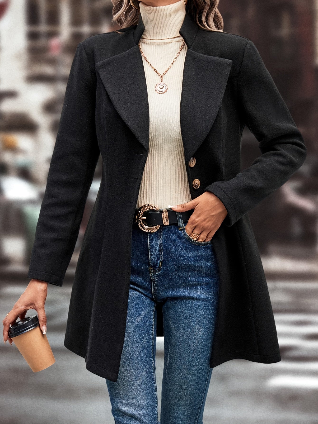 Single-breasted Lapel Collar Overcoat, Elegant Long Sleeve Woolen Blend Outerwear For Fall & Winter, Women's Clothing MyFave Boutique