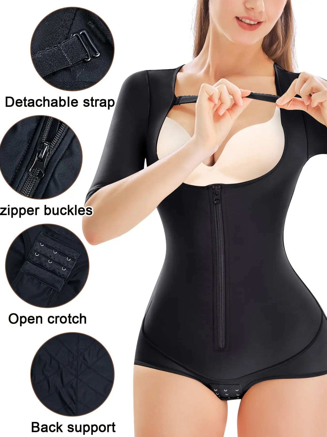 Zip Up Open Bust Shaping Bodysuit, Half Sleeve Tummy Control Slimmer Body Shaper, Women's Underwear & Shapewear MyFave Boutique