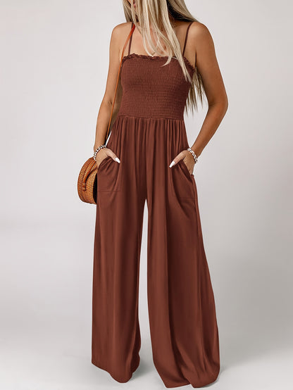 Solid Color Wide Leg Jumpsuit, Casual Spaghetti Strap Sleeveless Slant Pockets Jumpsuit For Spring & Summer, Women's Clothing MyFave Boutique