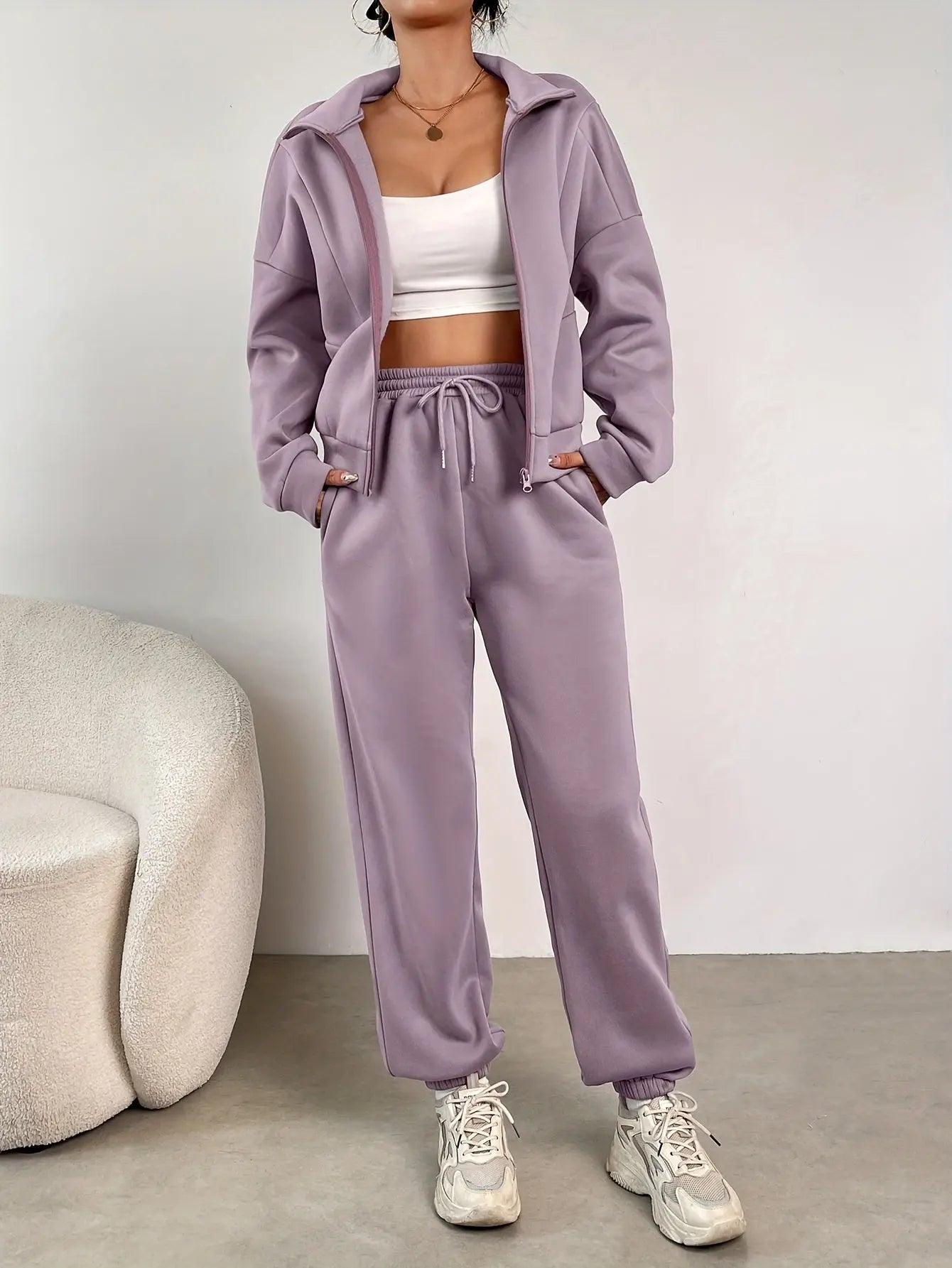 Solid Color Casual Pantsuits, Full Zip Long Sleeve Jacket & Drawstring Elastic Waist Dual Pockets Jogger Pants Outfits, Women's Clothing MyFave Boutique