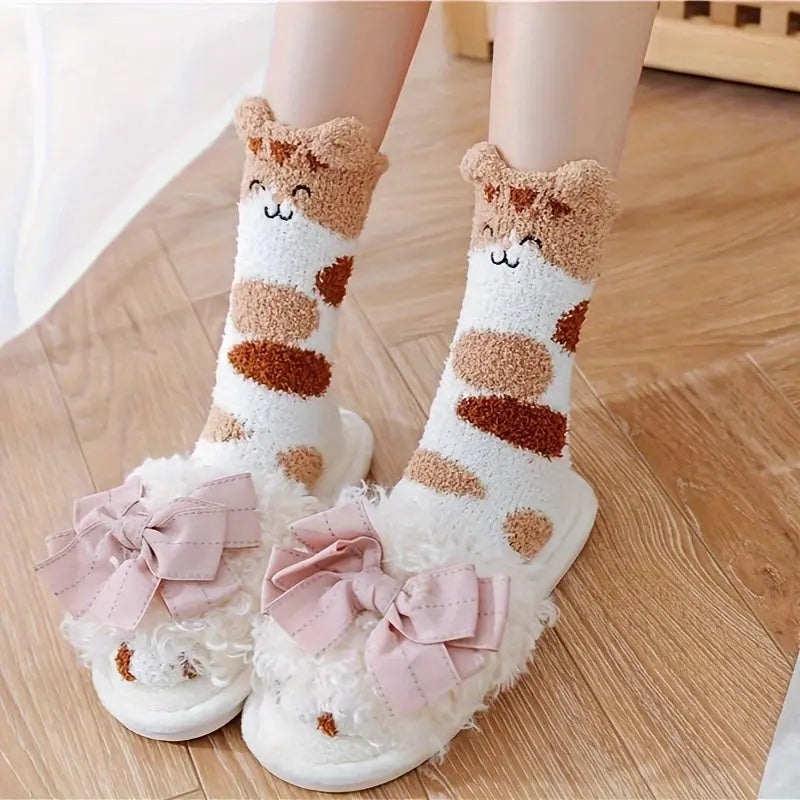 Women's Cozy Cartoon Cat Claw Slipper Socks - 5 Pairs, Knee-Length, Polyester and Spandex Blend, Warm Plush Coral Fleece, Knit Fabric, Home Lounge Winter Fluffy Socks - Hand Wash/Dry Clean MyFave Boutique