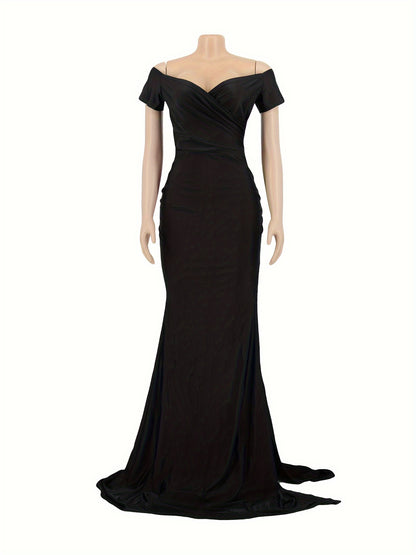 Women Off Shoulder V-Neck Maxi Long Dress Ruched Split Bodycon Mermaid Evening Cocktail Formal Dresses MyFave Boutique