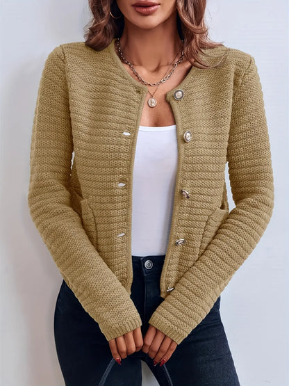 Women's Solid Color Button Front Cardigan with Side Pockets - Elegant Crew Neck Knitwear for Winter & Fall MyFave Boutique