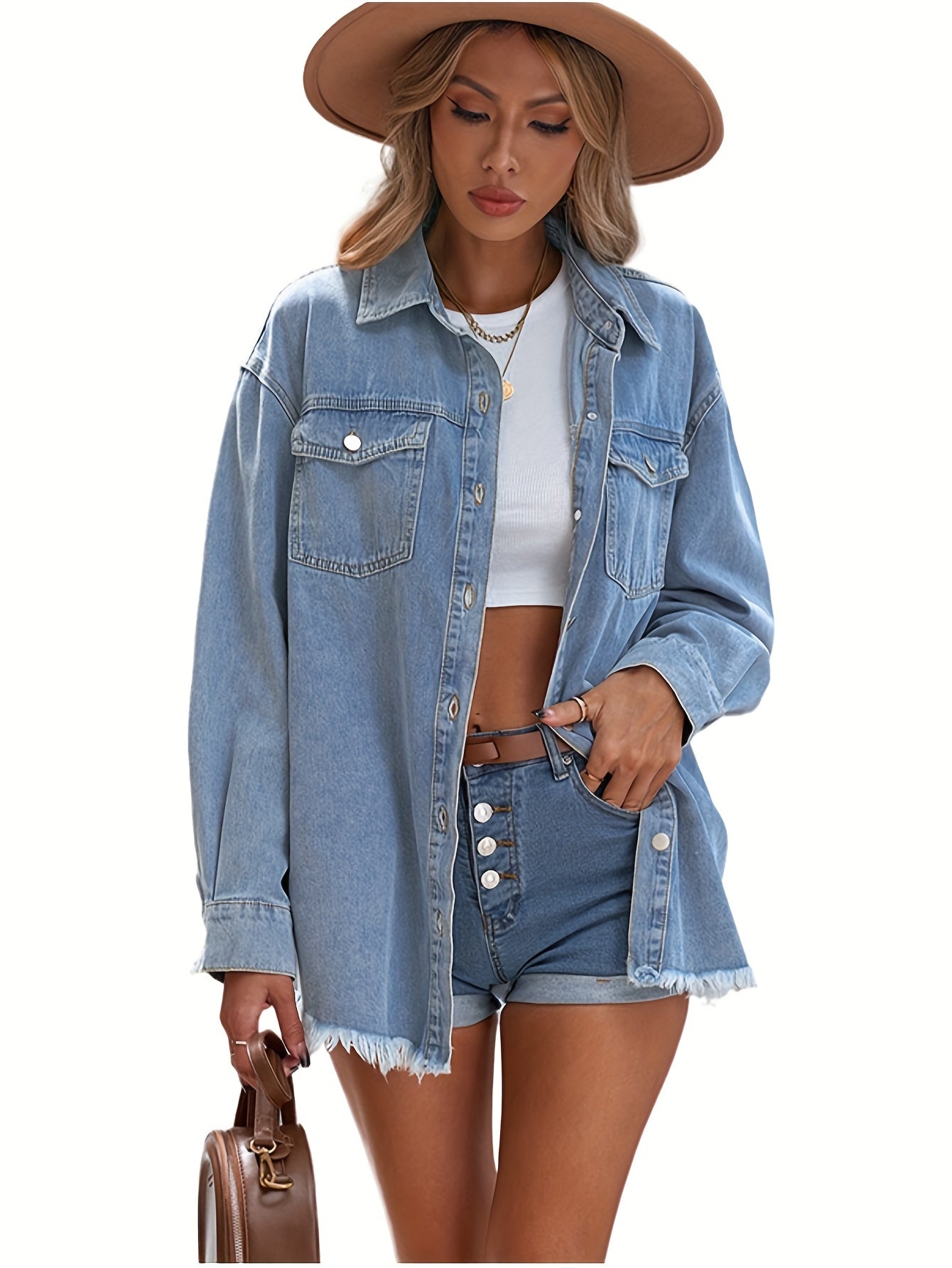 Women's Oversized Denim Jacket, Casual Long Boyfriend Distresse Jean Jacket, Suitable For Autumn & Spring MyFave Boutique