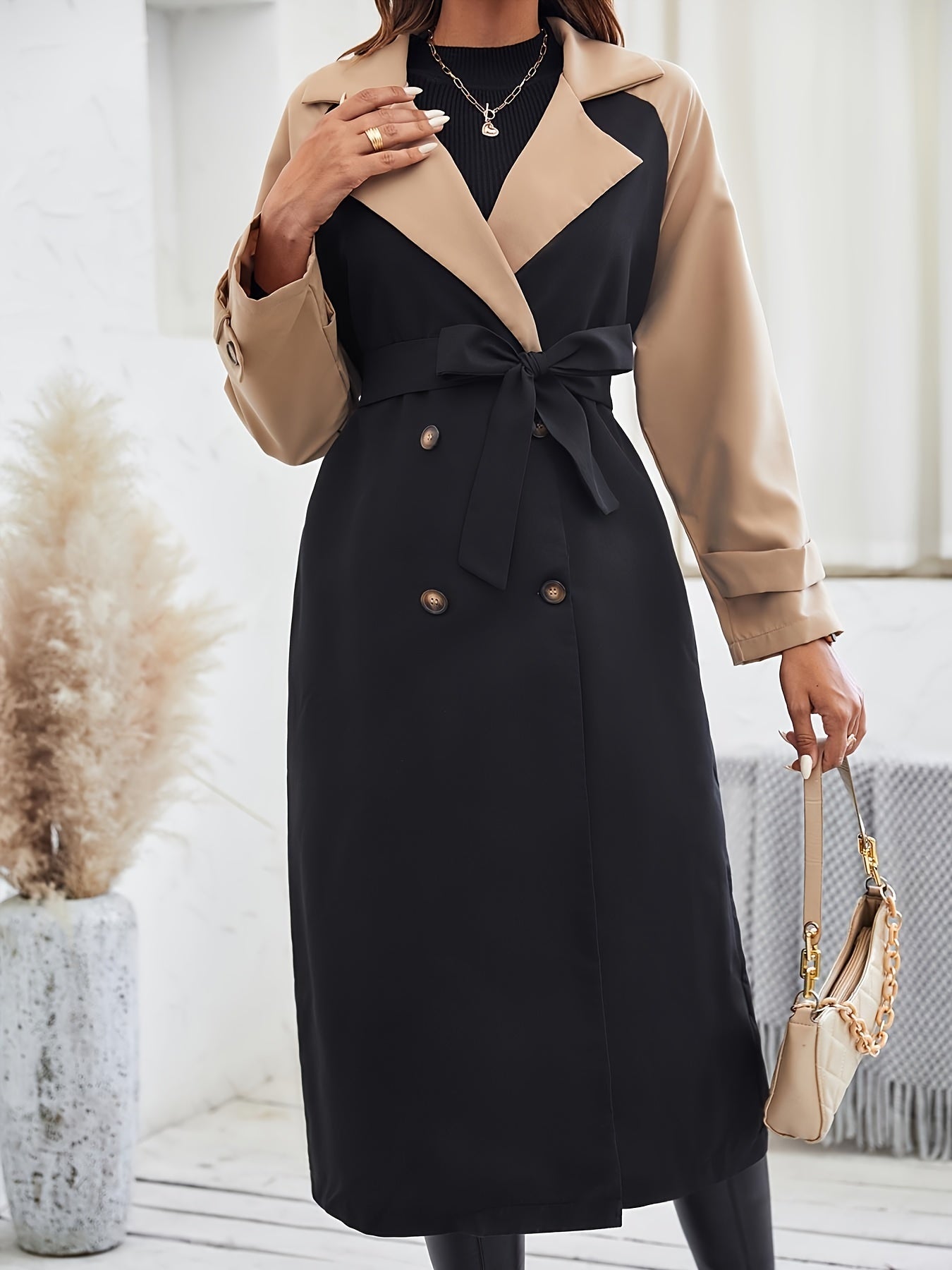 Elegant Women's Long Trench Coat - Fashionable Two-Tone, Stretch, Sizes S/M/L/XL, Chic Detail, Easy Care Washable, Without Stretch, Khaki MyFave Boutique