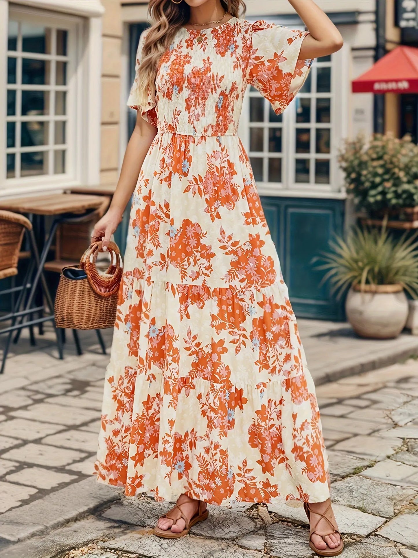 Floral Print Shirred Bust Dress - Elegant Ruffle Sleeve A-line Dress, Maxi Dress, for Spring & Summer MyFave Boutique