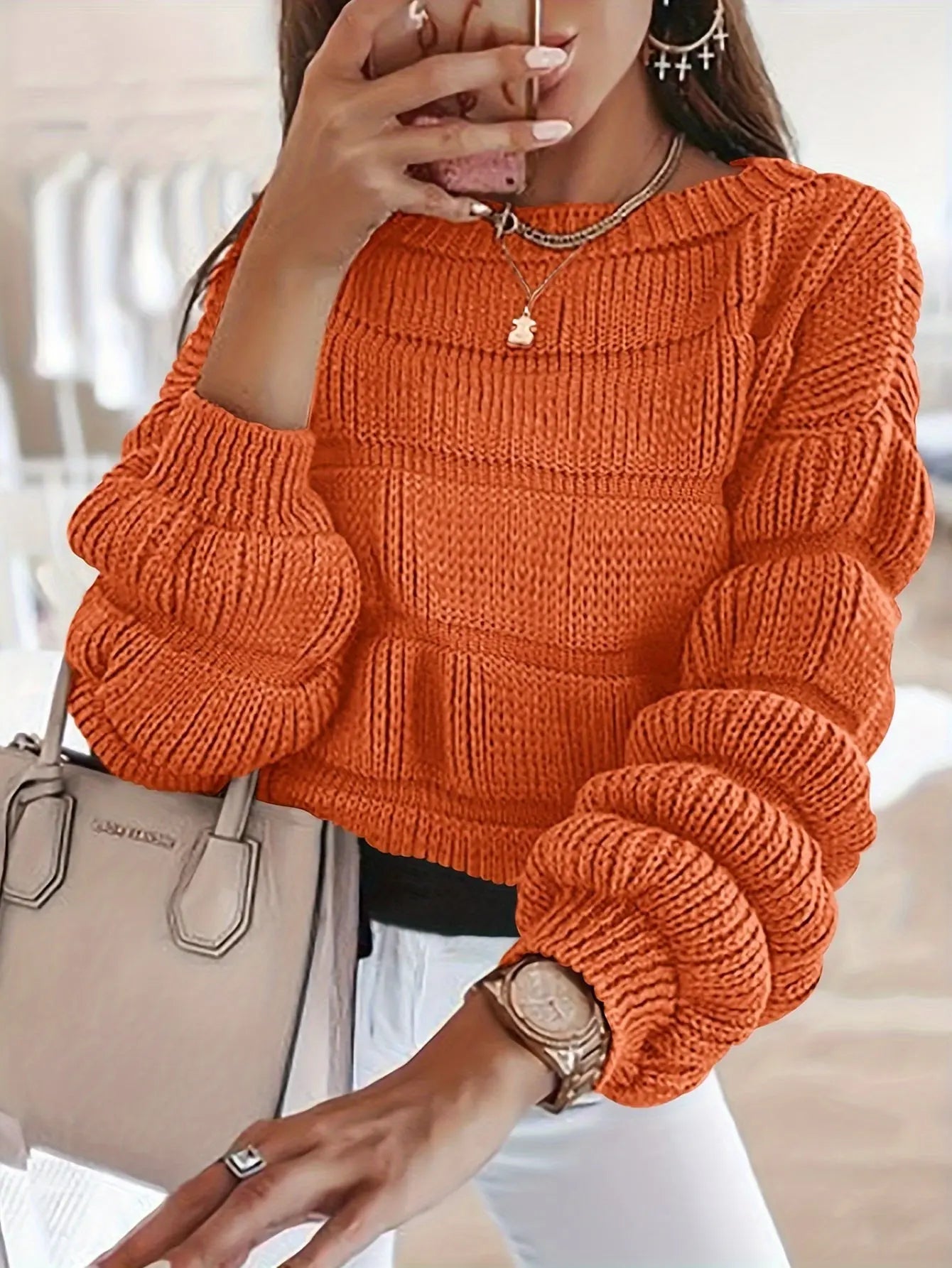 Women's 2024 Fall Sweaters Casual Crew Neck Pullover Long Puff Sleeve Loose Plain Chunky Knit Cute Blouse Tops MyFave Boutique