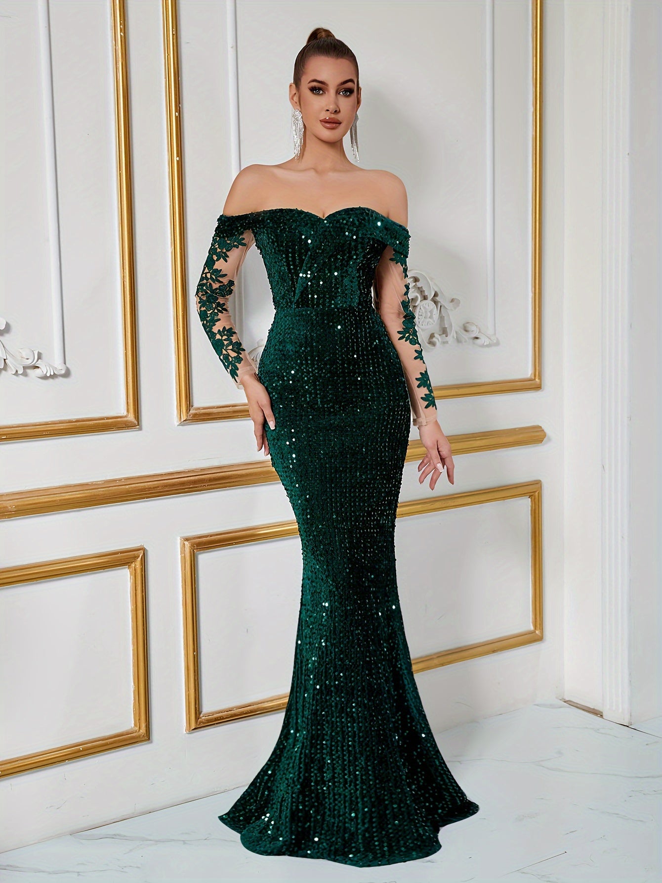 Elegant Sequined Off-Shoulder Long Sleeve Embroidered Mermaid Gown for Women, Polyester Fabric, Solid Color, Bodycon Fit, Adult Bridal Party Dress, Knit Construction MyFave Boutique