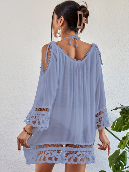 Women's Solid Color Cover Up Dress, Hollow Out Beach Cover-Up, Round Neck Loose Fit Swimwear Cover Up, Vacation Style MyFave Boutique