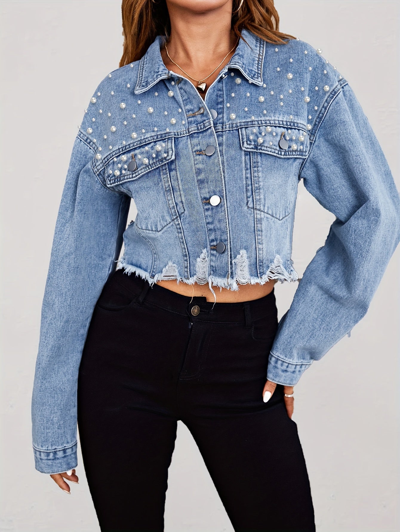 Sexy fashion women's beaded short denim jacket with ripped raw edges MyFave Boutique