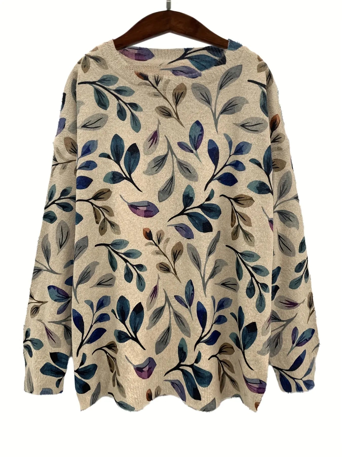 Leaf Pattern Crew Neck Sweater, Casual Long Sleeve Sweater For Fall & Winter, Women's Clothing MyFave Boutique