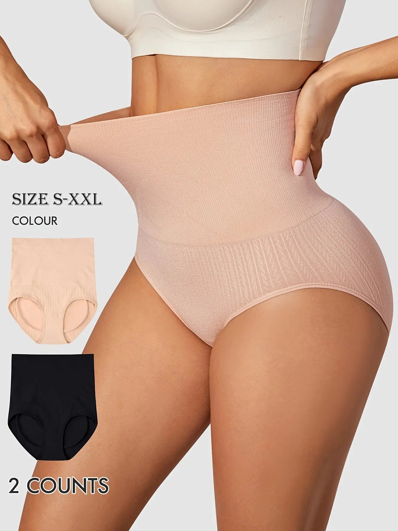 High-Waist Tummy Control Seamless Panties - 2 Pack, Polyamide and Elastane Knit Fabric, Elegant Solid Color, Cotton Lined Briefs with High Support MyFave Boutique