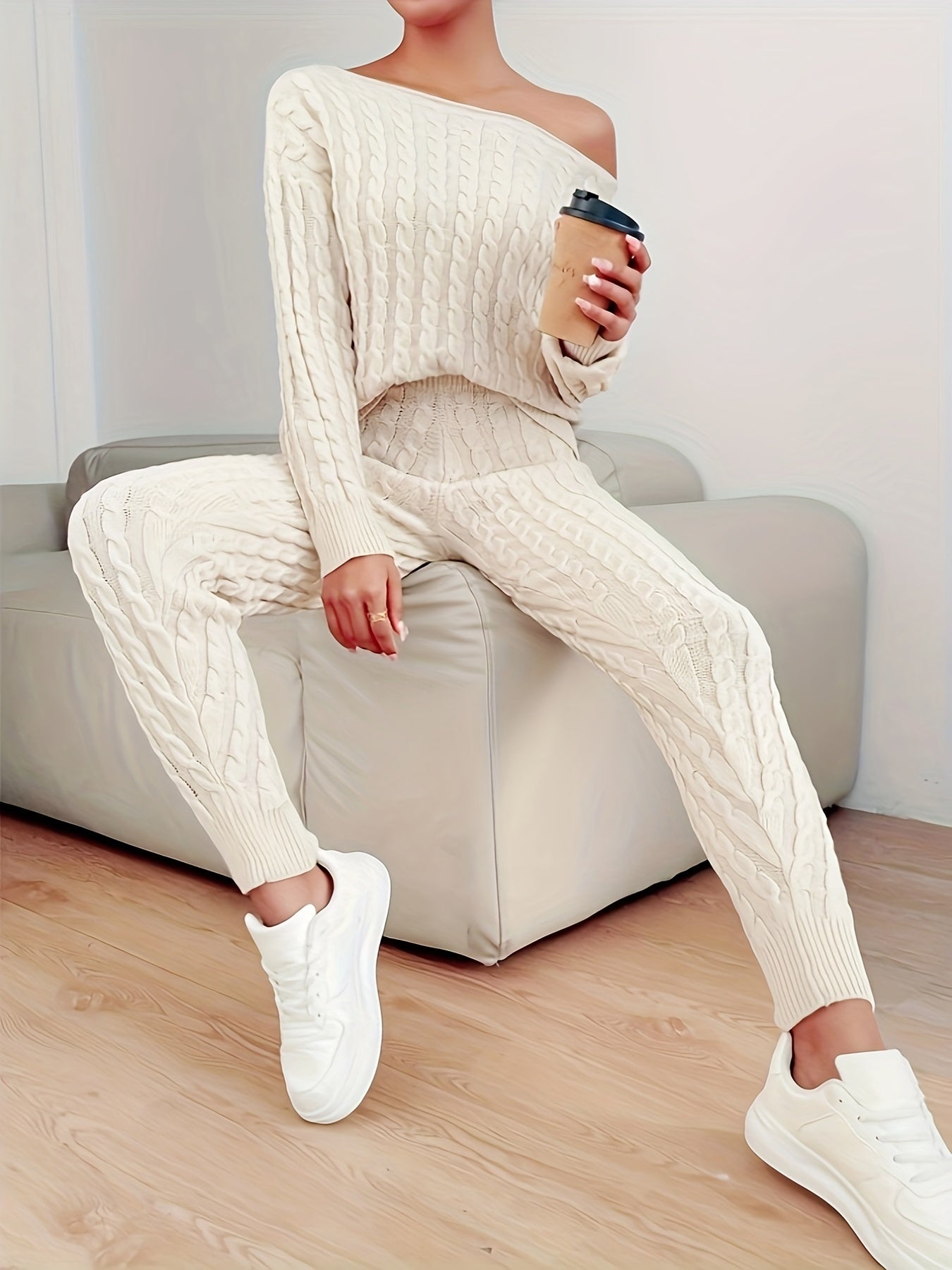 Cable Knit Solid Casual Two Piece Set, Long Sleeve Sweater & Skinny Pants Outfits, Women's Clothing MyFave Boutique